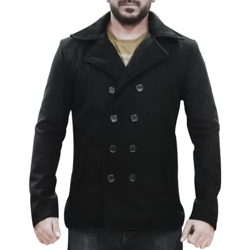 Mens Double Breasted Woolen Peacoat Black Classic Fashion Casual Slimfit Winter Warm Wool Short Coat
