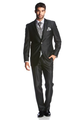 Studio Coletti Anzug 5-teilig (Set, mit Plastron und Einstecktuch, mit Weste) schwarz 2-Knopf-Sakko, 5-Knopf-Weste