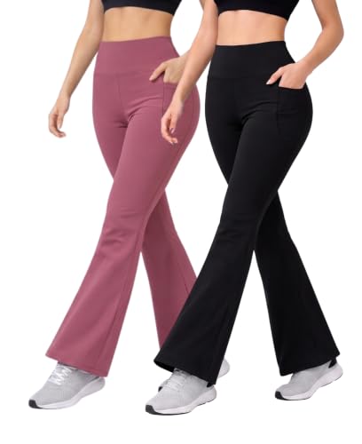 Image of Women's High Waist Bootcut Yoga Pants with Side Pockets | Flared Gym Leggings for Women | Stretchable Workout Bell Bottom Tights for Yoga, Gym, Running & Casual Wear Pack of 2