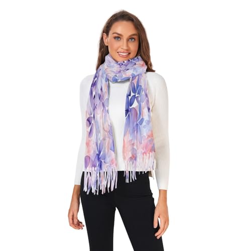 Women's Scarf, Faux Pashmina Soft Lightweight Shawl Wrap, Watercolor Purple Flower Print Fashion Scarves2