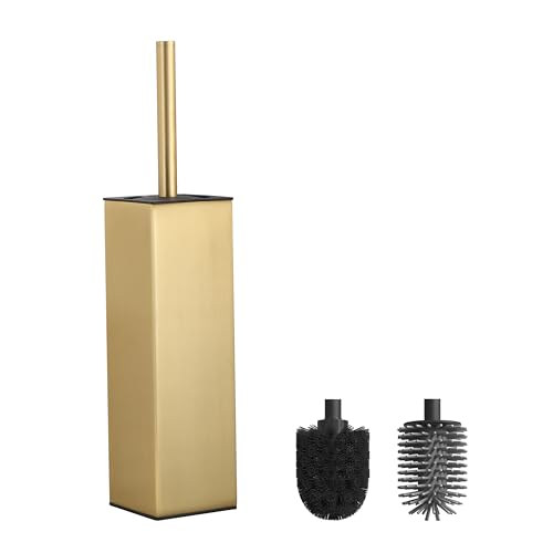 BVL Brushed Gold Toilet Brush Square Silicon Toilet Brush and Holder Free Standing Toilet Brush Including 2 Quick Drying Brush Heads