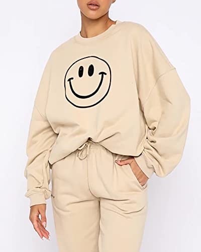 Cioatin Women’s Oversize Fleece Smile Graphic Sweatshirt Crewneck Drop Shoulder Loose Fit Pullover Jumper Jacket Apricot #TOP1