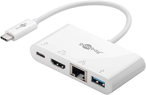 Goobay 62105 USB C Hub Multiport USB Verteiler 60W PD / 4 Port USBC auf 1x HDMI - 1x USB-C - 1x USB-A 3.0 - 1x RJ45 Ethernet Buchse / Typ C USB Adapter MacBook iPhone / Weiß