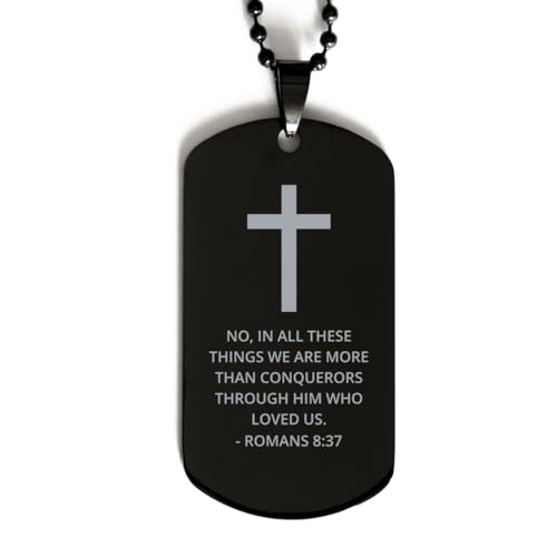 DARIN GIFT Bible Verse Black Dog Tag, Romans 8:37 Motivational Inspirational Quotes Gifts Cross Faith Engraved Stainless Steel Chain Necklace For Men Women
