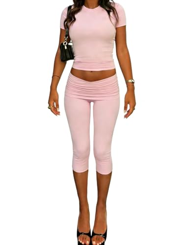 ZFLM casual sports womens two-piece set with short sleeves exposed navel high waistfoldable cropped pants sports suit