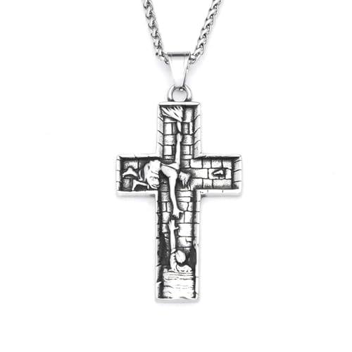 Collier pendentif croix sauveur pour homme en acier vintage au design sculpté rétro
