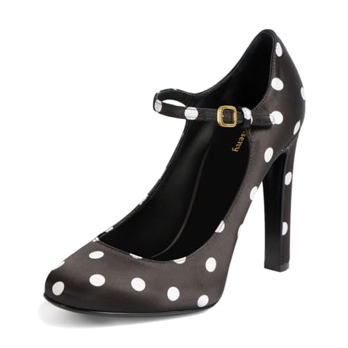 Women Elegant Round Toe Polka Dots Mary Jane Pumps Single Strap Buckle Chunky High Heels Party Prom Cocktail Shoes Size 4-16 US
