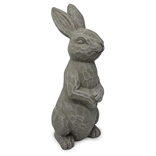 Elly Décor 14 Inch Tall Standing Sculpture for Your Patio & Yard, Outdoor Lawn décor, Cute Ceramic Figurine Garden Rabbit Bunny Statue, Gray Cement