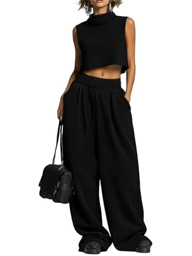 Women Sleeveless Two Piece Set High Neck Crop Top Wide