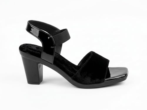 Image of Women's Black Block Heel Sandals, Open Toe with Ankle Strap, Suede and Patent Finish GW S10