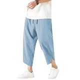 [FLYSHION] ズボン メンズ サルエルパンツ 涼しい 夏服 ワイドパンツ 大きいサイズ 九分丈 無地 テーパードパンツ 調整紐 通気性 ゆったり カジュアル パンツ メンズ 春 夏 秋 (JP, アルファベット, 3XL, #9：スカイブルー)