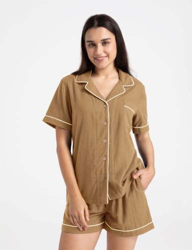 Image of Womens Muslin Pajama Sets 100% Cotton Double Gauze Linen Like Short Pjs | Breathable Soft Comfort Button Up Loungewear Sleepwear PJ Set