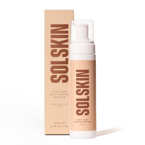 SOLSKIN Tanning Mousse with Hyaluronic Acid & Aloe for Natural Bronze Glow - Fast-drying Fake Tan, Moisturising Formula for Sensitive Skin, Streak-Free, Vegan & Cruelty-Free, 200ml (Very Dark)
