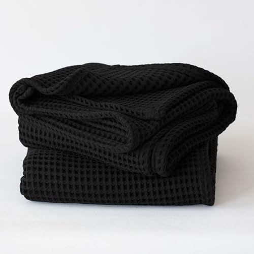 Premium Black Waffle Weave Bath Towels, Turkish Cotton Set of 2