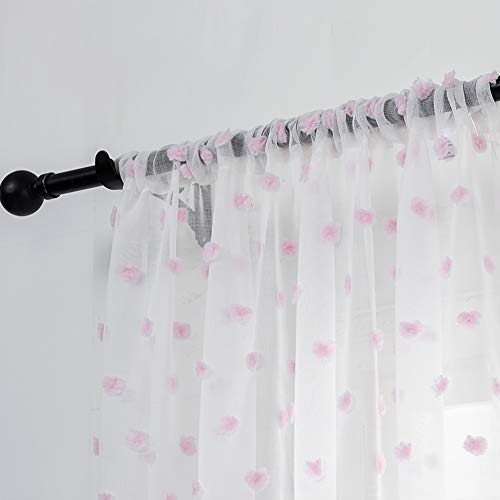Finecity White Sheer Curtains 96 Inch Length - Rod Pocket Embroidered Cute Pink Pom Poms Curtain 2 Panels Light Filter Soft Window Voile Drapes For Girls Room, 52 X 96 Inch, 1 Pair, White Pink #TOP2