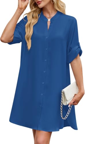 Image of PerZeal Womens Sexy V Neck Button Down Shirt Dresses Summer Short Sleeve Casual Loose Blouses & Button-Down Shifts Cover Ups