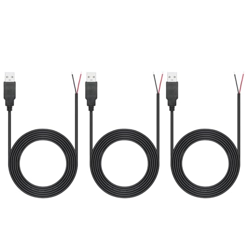 Greluma 3 Stück 2 m USB-Schweineschwanz, 2-adriges USB 2.0-Kabel, 22 AWG, offenes Ende mit blankem Draht, 2 m USB-Stecker, 12 V, 3 A