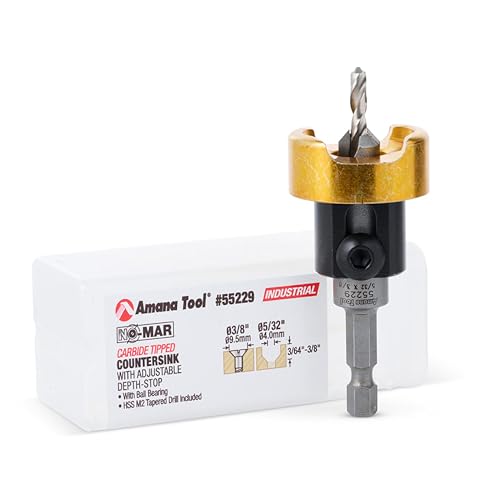 Amana Tool 55229 Carbide Tipped Countersink with No Marring Adjustable Depth Stop with No-Thrust BB, 3/8 D x 5/32 Drill D x 1/4 Inch Quick Release Hex SHK