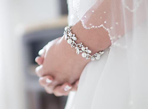 EVER FAITH Austrian Crystal White Simulated Pearl Bridal Floral Leaf Tennis Bracelet Clear4