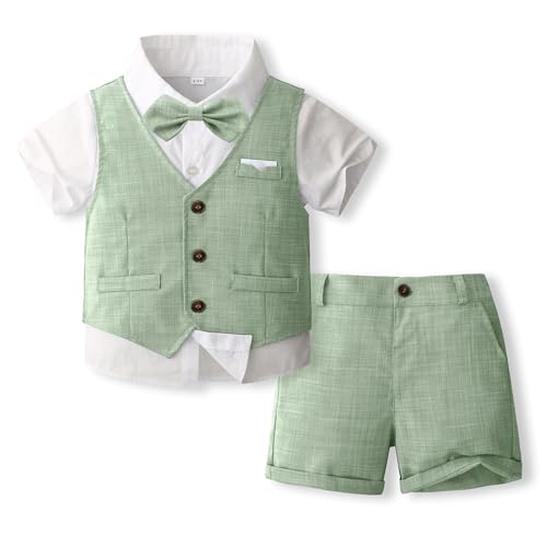 Image of Volunboy Baby Boys Summer Suits Short Sleeve Wedding Ring Bearer Outfits 4Pcs Graduation Dress Vest Shirt Bowtie Shorts Set