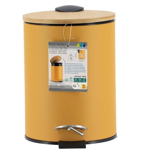 Caneca de basura amarilla con tapa de bambú y pedal, 2.5 L miniatura 2