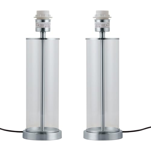 Image of firstchoicelighting Set of 2 Modern Chrome & Glass Table Lamps or Bedside Lights Base Only, LED Compatible, Height 38cm, Inline Switch