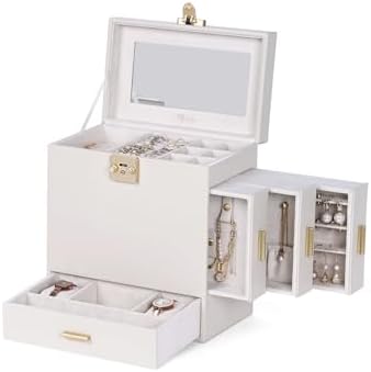 Jewelry Box with Mirror, 5-Layer Jewelry Organizer with 3 Side Drawers, Jewelry Display Box with Handle Design, Large Storage Capacity, Modern Style, Christmas Gift for Women