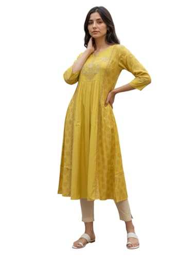 Image of rangita Mustard Poly Viscose Anarkali Embroidered Calf Length Kurta