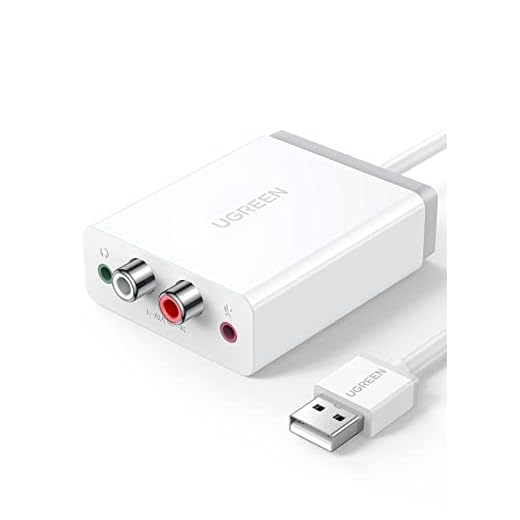 UGREEN USB External Stereo Sound Card Audio Adapter with 3.5mm Aux and 2RCA Converter for Speaker Headphone and Microphone Earphone Headset Plug and Play on Windows Mac Linux and PS5 3ft Cable