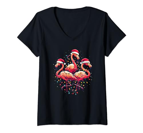 Merry Christmas Hat Santa Flamingo Light Snow Xmas Pajamas T-Shirt avec Col en V