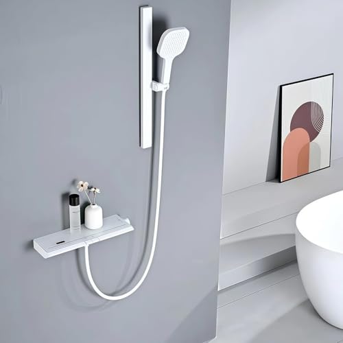 Mitigeur cascade numérique blanc d'exception et son tapis de douche gris
