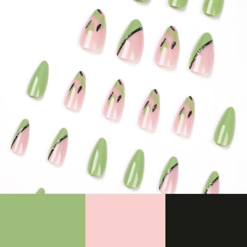 Image of Green Press on Nails Medium Almond Fake Nails with Design Green Leaf Glue on Nails Cute False Nail Glossy Nail Tips Full Cover Acrylic Stick on Nail for Women Girls Manicure 24PCS