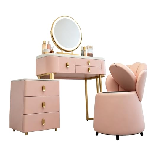 Lsoiup Tocador Grande con Espejo y Luces, Mesa de Maquillaje Rosa con gabinete Lateral y 6 cajones, Cómoda de Maquillaje Moderno con Taburete de Almacenamiento for Dormitorio,(L:100cm)