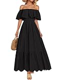 ZESICA Women's 2025 Summer Off Shoulder Ruffle Midi Dress Short Sleeve High Waist Hollow Out Embroidery Party Dresses,Black,Medium