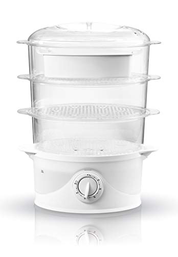 Adler AD633 Vaporera Eléctrica, Cocina al Vapor, Libre de BPA, Temporizador 60 Min., 3 Recipientes Apilables (Capacidad 9L), Cuenco para Preparar arroz, 800W