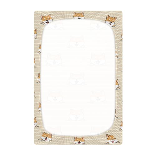 Image of Shiba Dog Stripe Khaki Fitted Crib Sheet for Boys Girls Baby Bedsheet for Toddler,52 X 28 in
