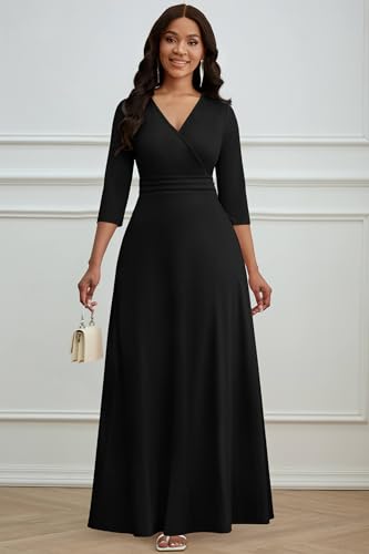 Image of CLOCOR Maxi Dress for Women Long Summer Short Sleeve Evening Formal V Neck A Line Dresses Wedding Guest Empire Waist Elegant
