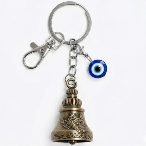 Image of OTTAVO Premium Guardian Bell Keychain for Bike & Car | Tibetan Texture Bell Keychain with Evil Eye & Silver Hook | Good Luck Charm with Laser-Engraved Wooden Gift Box