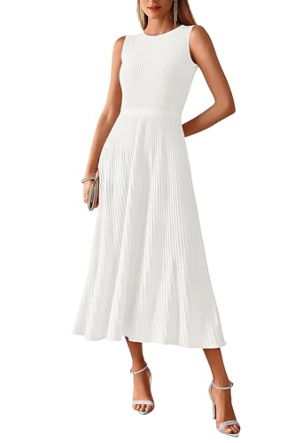 BTFBM Women Midi Bodycon Tank Dress Summer Crewneck Sleeveless Pleated A Line Business Casual Knit Sweater Fall Dresses(White Small)