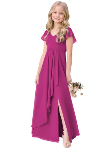 Short Sleeve Junior Bridesmaid Dresses for Teen Girls with Slit Pleated V Neck Ruffle Chiffon Long Flower Girl Dress4