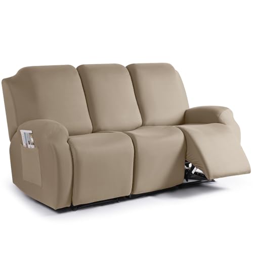 Image of TAOCOCO Stretch Recliner Sofa Covers 3 Pieces Couch Covers for 3 Seat Reclining Sofa, Soft Polyester Fabric Washable Furniture Protector Sofa Slipcovers with Pockets (3 Seat, Taupe)