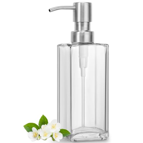 Image of GMISUN Glass Soap Dispenser with Stainless Steel Pump, Clear Hand Soap Dispenser for Bathroom, 12 fl oz /350ml Dish Dispensers for Kitchen, Modern Refillable Liquid Soap Lotion Bottle for Countertop
