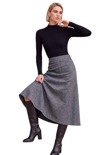 Image of Roman Knitted Skirt for Women UK Ladies Midi Maxi Full Length Winter Autumn A-Line Swing Pull On Smart Casual Work Office Elasticated Waist Flattering Knit Knitwear - Grey - Size 14