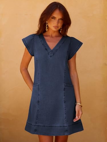 YUNDAI Womens Denim V-Neck Short Sleeve Mini Dress with Pockets Summer - image 3