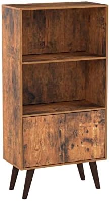 VASAGLE Retro Bookcase, 2-Tier Bookshelf with Doors, Storage Cabinet for Books, Photos, Decorations in Living Room, Office, Library, Mid-Century Modern, Brown LBC09BX