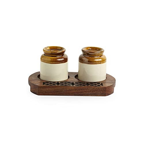 Image of ExclusiveLane 'Royal' Ceramic Salt Pepper Set for Dining Table with Wooden Tray (80 ML, Brown & Cream) | Salt and Pepper Container for Dinning Table Salt and Pepper Dispenser Salt and Pepper Shaker