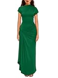 YMDUCH Women's Casual Short Sleeve Boat Neck Ruched High Split Bodycon Long Formal Dress Green