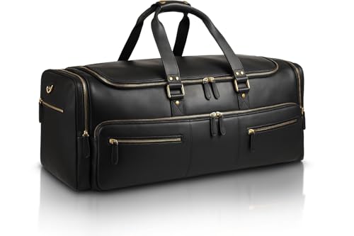 Luxorro Full Grain Leather Duffle Bag for Men | Large Weekender & Road Trip Bag | 30 Inch, 70L Capacity | Mens Overnight Travel & Gym Duffel | Black