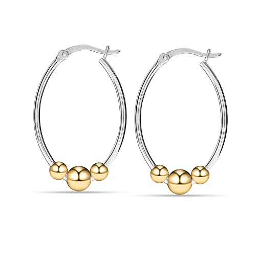 Lecalla 14K Gold-Plated 925 Sterling Silver Light-Weight Oval Two-Tone Earring Hoops Jewelry Bead Ball Hoop Earrings For Women #TOP1