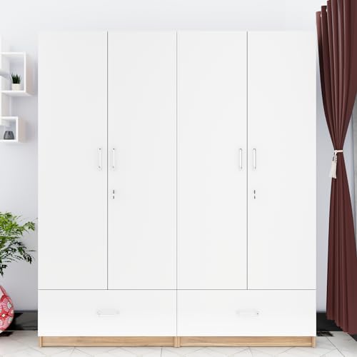 Image of VIKI Wardrobe |Wooden Almirah for 4 Door Wardrobe with 2 Split Drawer & Hanging Space (Walnut |White - 40D x 160W x 180.8H) | 1 Year Warranty | Free Assembly